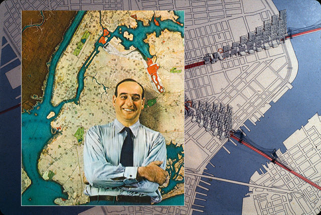 Robert Moses standing in front of a map of NYC