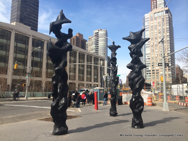 Herb Alpert's totem sculptures in Dante Park