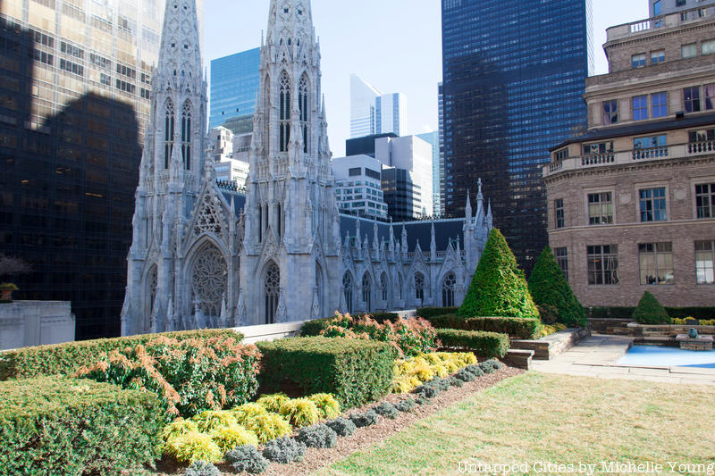 The view of St. Patrick's Cathedral from Rockefeller Center's secret rooftop garden.