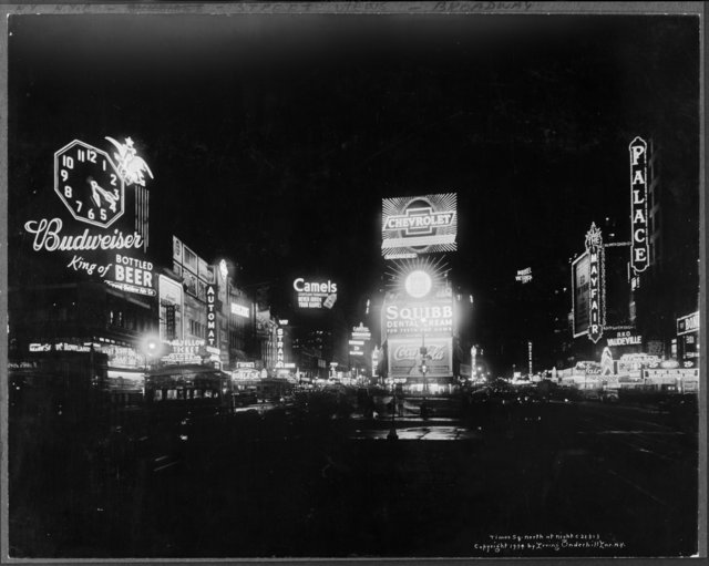 Lights of Times Square at night-Advertising-Budweiser-Camel-Chevrolet-Squibb-1900-1915-NYC