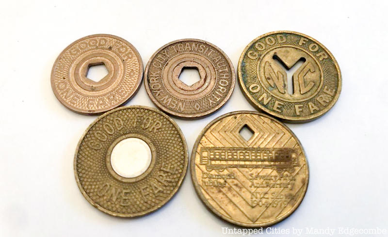 5 TOKENS 1970-1979 LARGE NYC Subway Bus Token  Cut Out Center Y