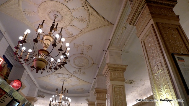 Beautifully maintained vintage interior walls, ceilings and lighting fixtures