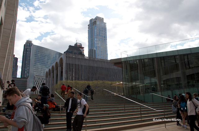 The 65th Street stairs leading to Lincoln Center's North Court are often filled with youngsters.