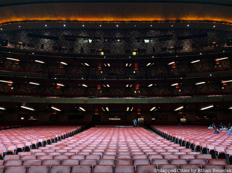 Rows of red Radio City Musical Hall theater seats