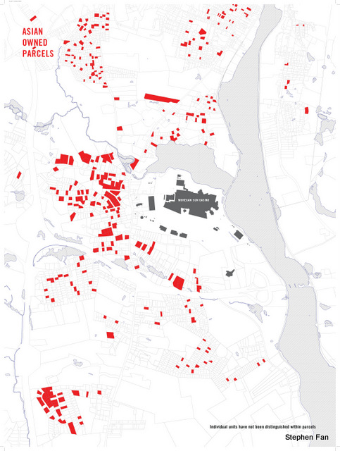 Chinese-owned properties, shown in red, have helped invigorate a marginalized part of the state