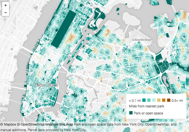 WNYC Map Distance to NYC Parks-Open Space per Resident