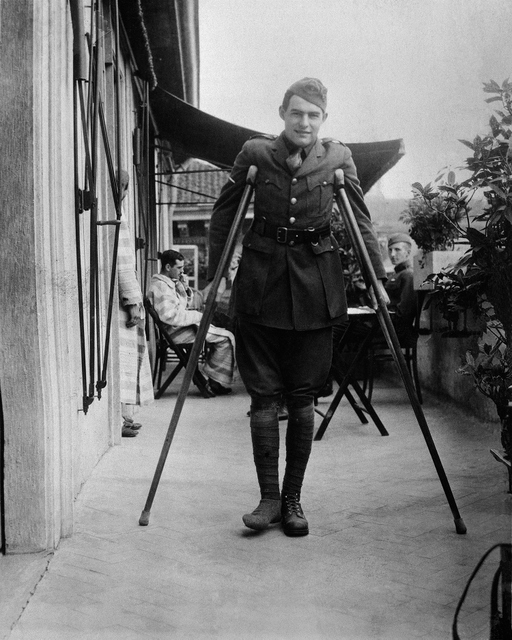 EH2532P c. 1918Ernest Hemingway on crutches in Milan.Please credit " Papers of Ernest Hemingway. Photograph Collection. John F. Kennedy Presidential Library and Museum, Boston"