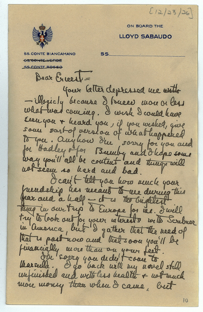 F.Scott Fizgerald, Autograph letter to Ernset Hemingway, signed, On Board the S. S. Conte Biancamano, [12/23/26] (The Ernest Hemingway Collection / Kennedy Presidential Library)