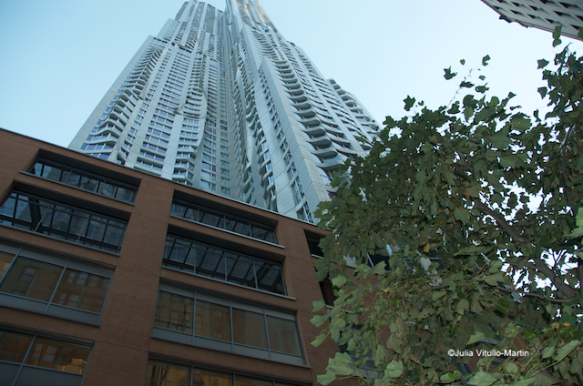 The tallest residential building in the Western hemisphere, New York by Gehry at 8 Spruce Street is a 76-story tower with a red-brick school below.