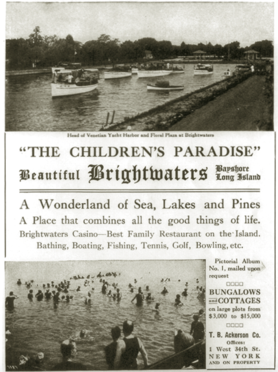 Ackerson Company advertisement featuring water recreation. From a Long Island Railroad booklet, ca. 1917-NYC