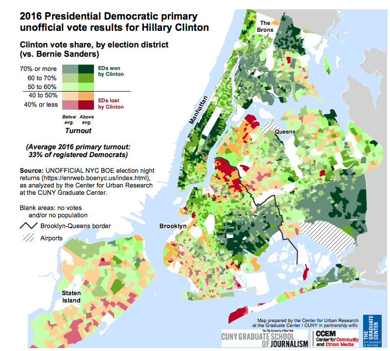 NYC Democratic Primary Election Results Map-Bernie Sanders-Hillary Clinton