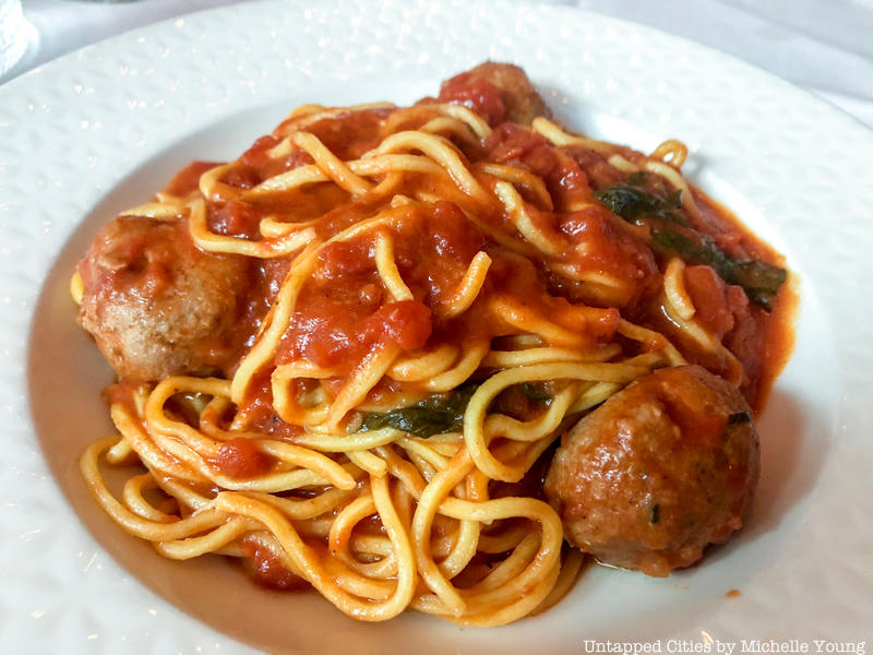 a bowl of spaghetti and meatballs