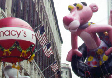 Vintage photo of a pink panther parade balloon