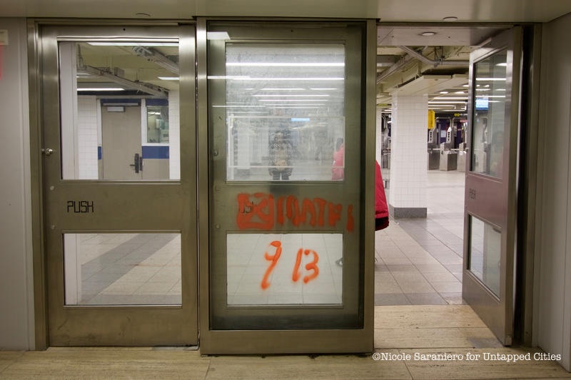 Subway doors below the World Trade Center where the Twin Towers once stood