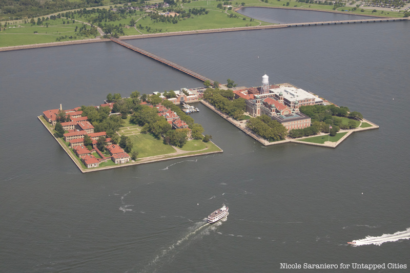 An aerial view of Ellis Island.