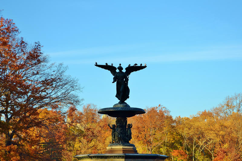 Fall foliage blooms around the iconic Bethesda Fountain.