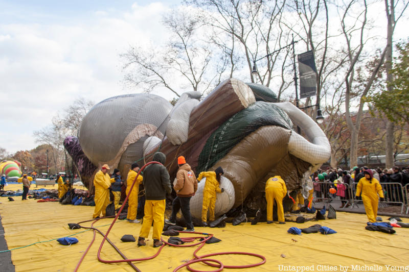 A Macy's Thanksgiving Day Parade balloon being inflated