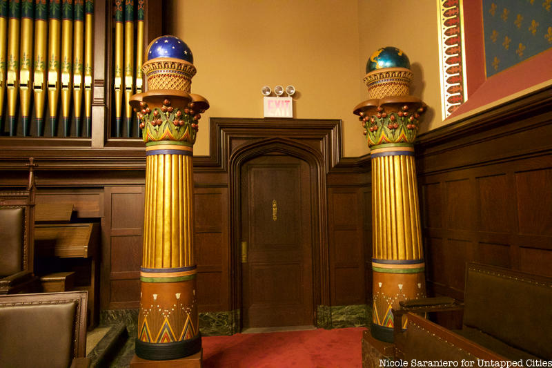 Two globes on columns at the Masonic Hall