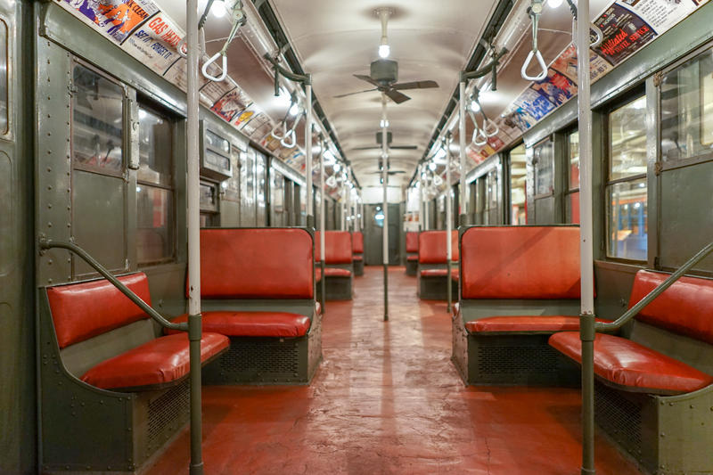 Inside a vintage subway car at the New York Transit Museum