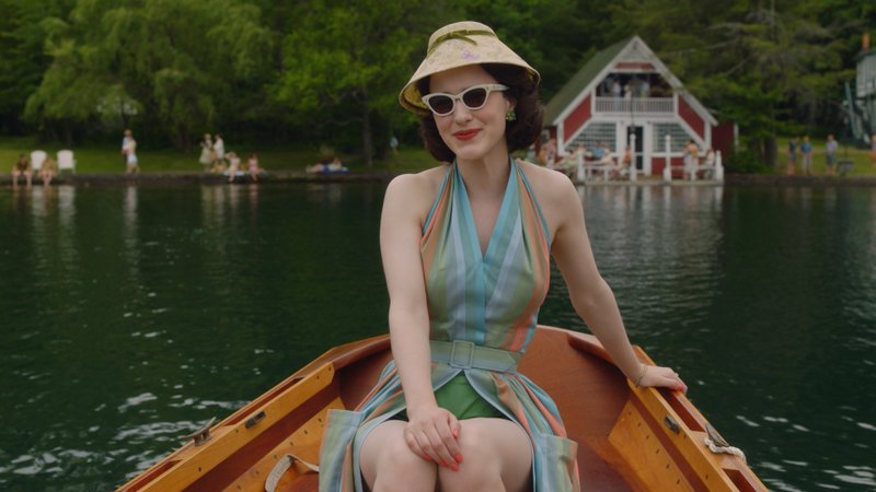 Midge on a rowboat in the Catskills in the Marvelous Mrs. Maisel