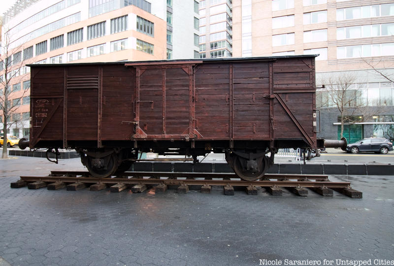 A striking reminder of the Holocaust, a WWII-era freight car, now sits in front of the Museum of Jewish Heritage.