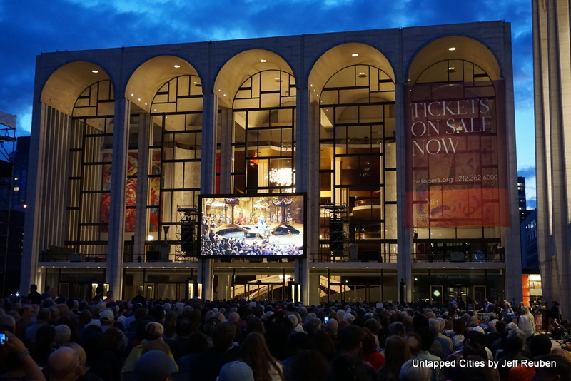 Spectators outside Lincoln Center at night