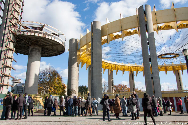 A crowd gathered at the New York State Pavilion in Queens