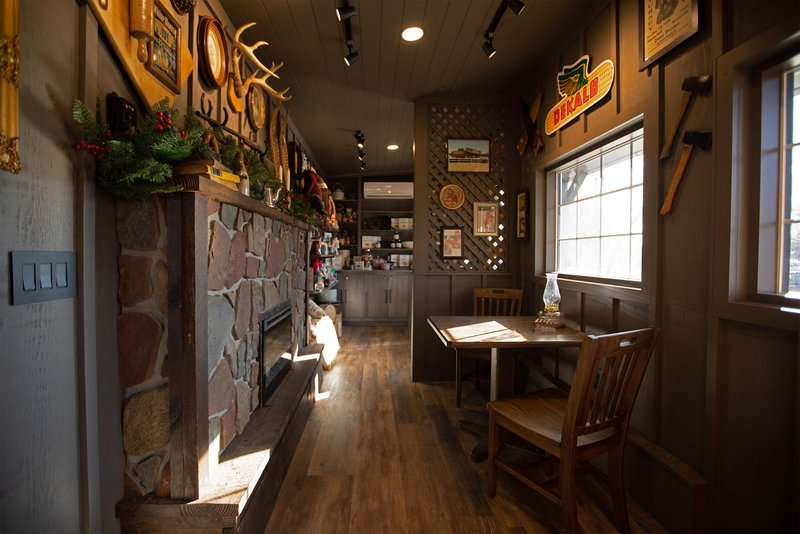 Tiny Cracker Barrel Pop Up in NYC, interior fireplace