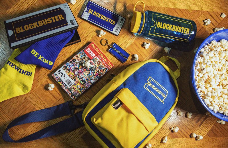 Items in the Blockbuster video pop up in NYC, including backpack, nalgene, and VHS themed items