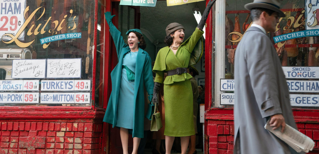 Marvelous Mrs. Maisel, with Midge and Rose in front of a deli