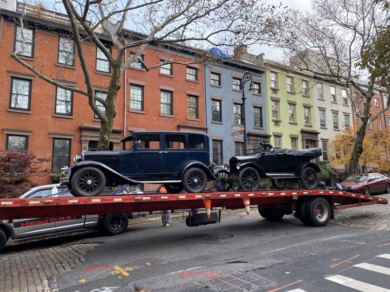 Film set of Passing in Brooklyn Heights with antique car