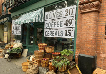Film set of Passing in Brooklyn Heights with vintage grocery store