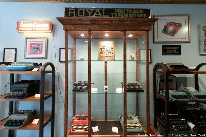 A display full of typewriters