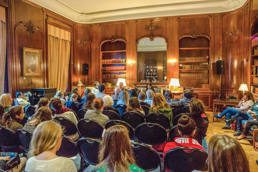 Members'Room: The Library's elegant wood-paneled main reading room is open for quiet use most of the time and also hosts one or two events a week with authors and other presenters.