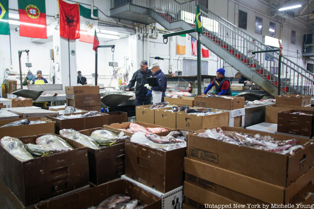 Fish on ice in boxes at Fulton Fish Market