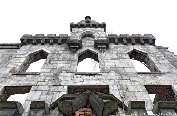 Looking up at front facade of smallpox hospital
