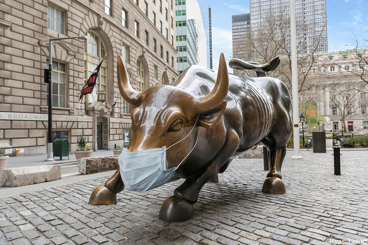 Wall Street Bull with Medical Mask