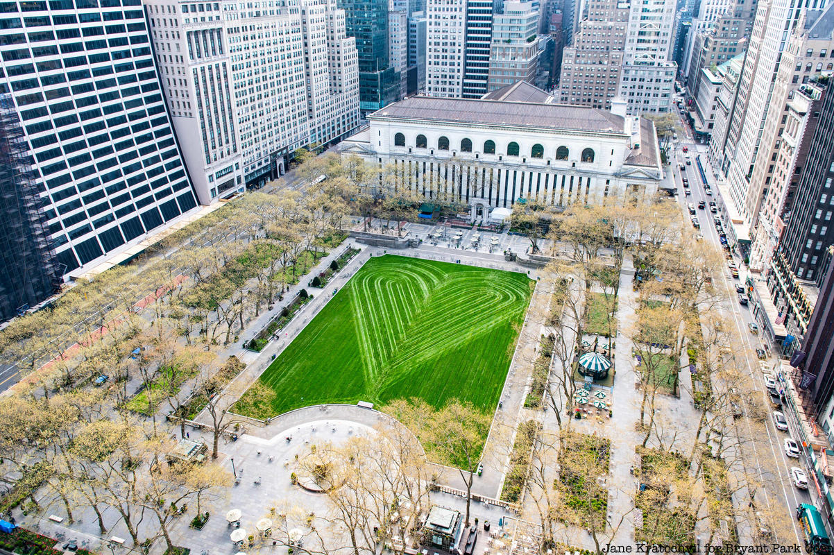 Bryant Park heart lawn with NYPL in background