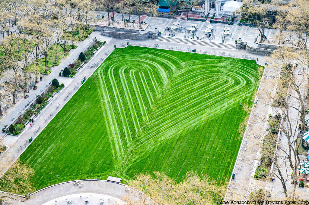 Closeup of Bryant Park heart lawn