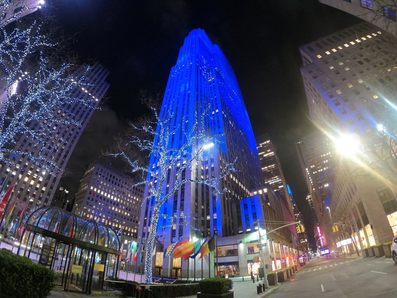 Rockefeller Center lit in blue