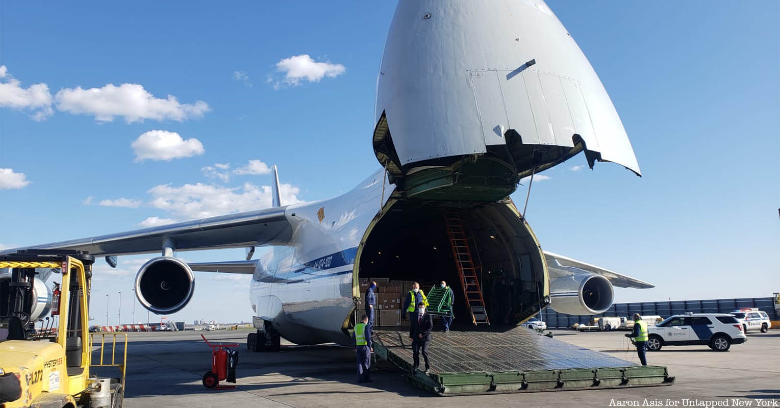 arrival of Russian military plane Antonov-An-124-100 ta JFK Airport with coronavirus medical supplies