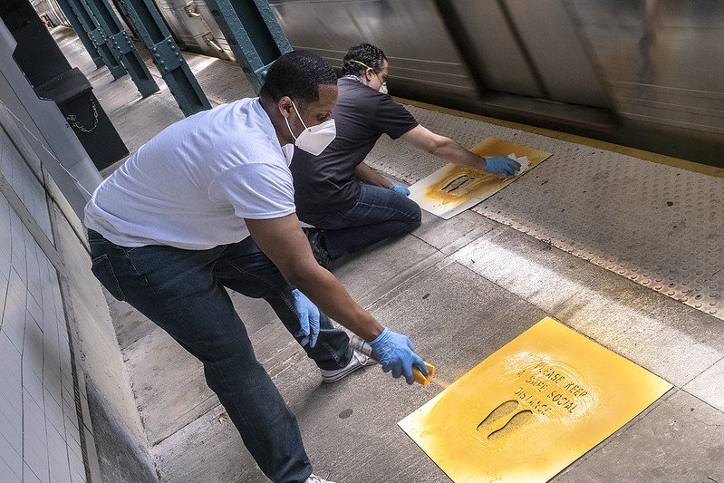 Preparation included floor markers for social distancing, directional arrows and new signage at Beverley Road Station in Brooklyn. Photo: MTA New York City Transit / Patrick Cashin