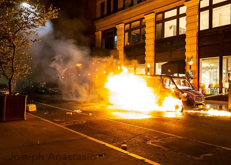 Van on fire in Union Square during George Floyd protests
