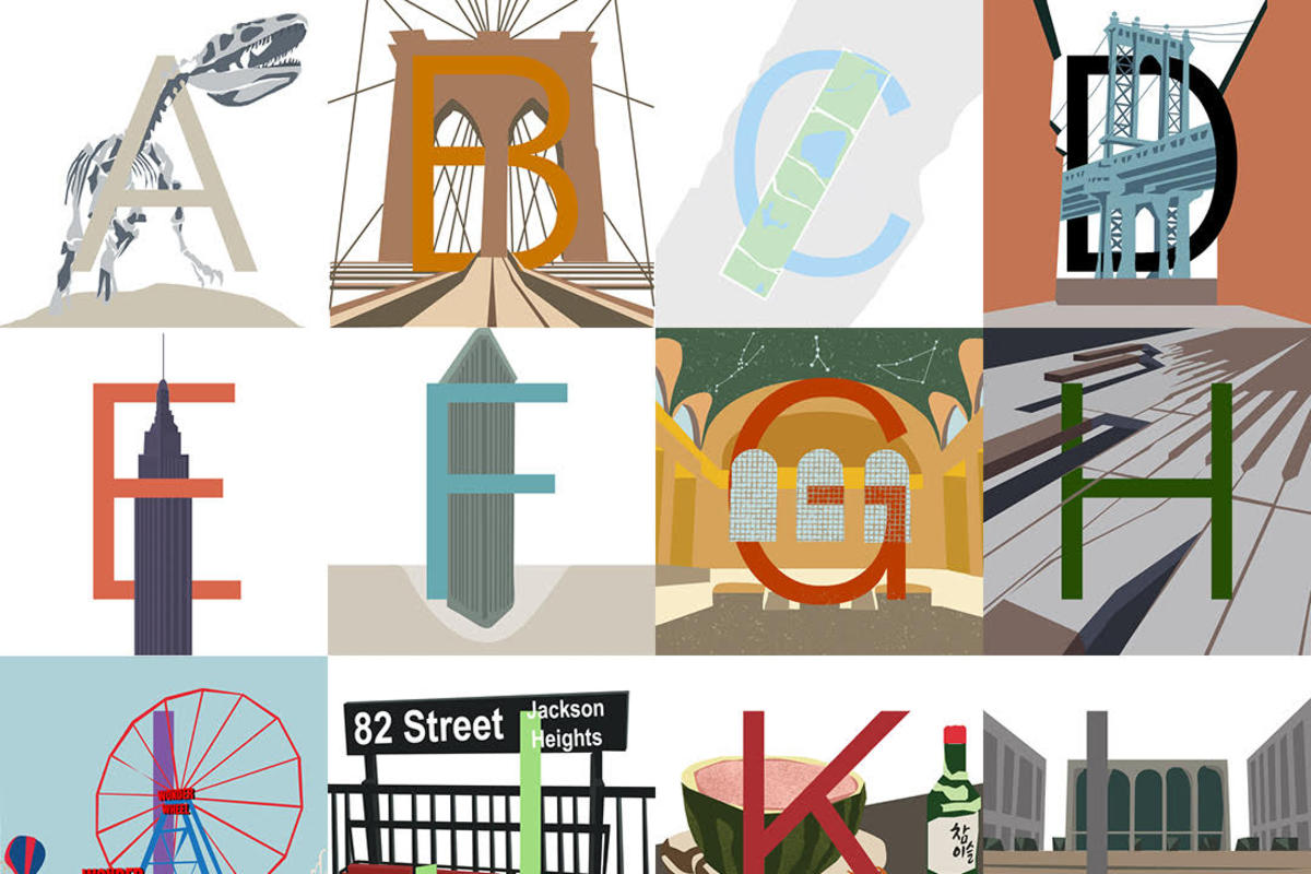 Illustrations of NYC landmarks for each letter of the alphabet