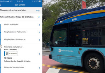 An MTA bus and screenshot of new MTA app features