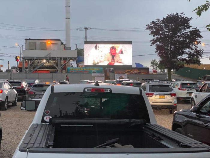 The drive-in movie set up at Juicy Lucy BBQ in Staten Island