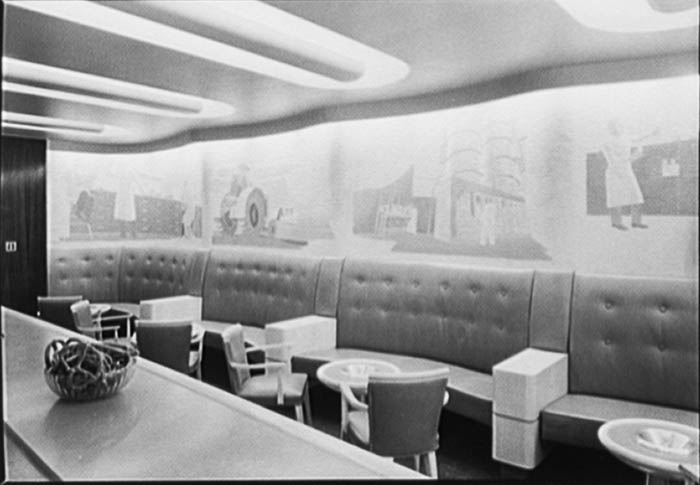 Banquette seating and mural at Seagram's Bar