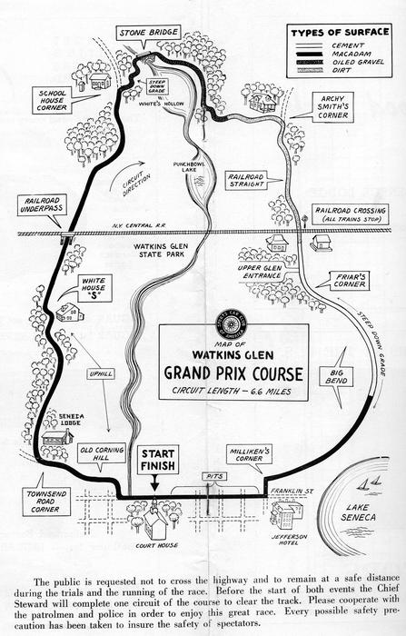 Map of Watkins Glen race circuit drawn by New Yorker cartoonist Sam Cobean