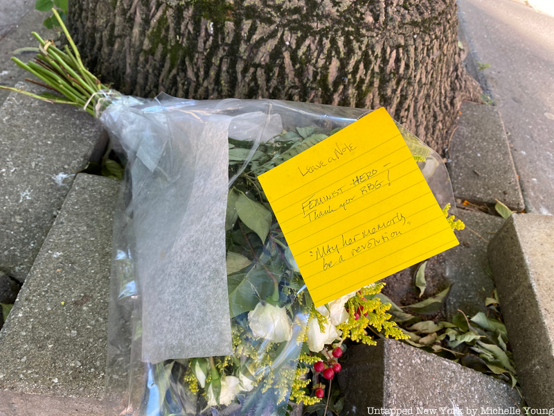 Flower and note at Ruth Bader Ginsburg's childhood home