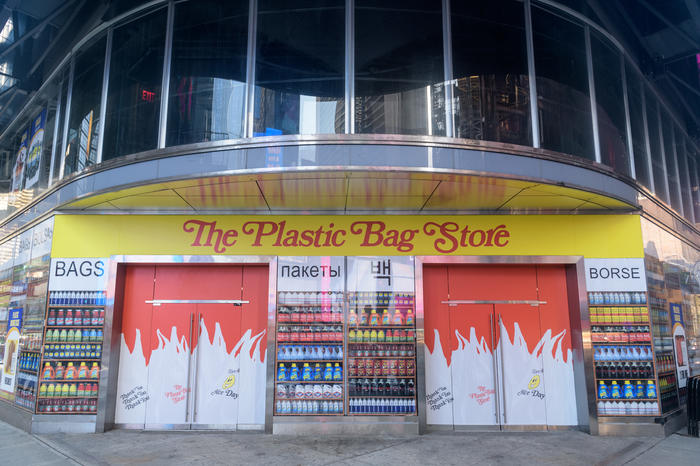 A grocery store where all the itams are made of plastic bags in Times Square